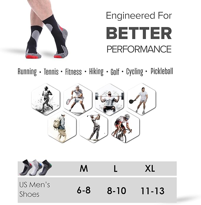 Tactia Full Cushion Compression Socks Men, Coolmax No-Blister Wicking Padded Heel, Quarter Socks for Tennis Golf Hiking Work
