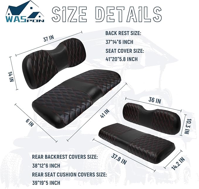 4PCS Golf Cart Diamond Seat Covers Kit, Fits Yamaha G29/Drive/Drive 2 2007+ Golf Cart Vinyl Replacement Seat Cover （Black Stitching, No Stapler, Easy to Clean）