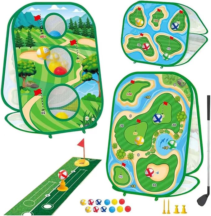 4-in-1 Kids Sticky Golf Games Set with Club, Golf Putting Practice Mat,3-Sided Golf Chipping Net, Multiple Game Modes, Golf Cornhole Board Set