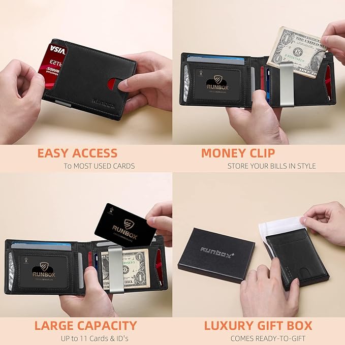 RUNBOX Money Clip Wallets for Men,Slim Leather Mens Bifold Wallet,RFID Blocking Front Pocket Wallet,Thin Credit Card Holder with Gift Box