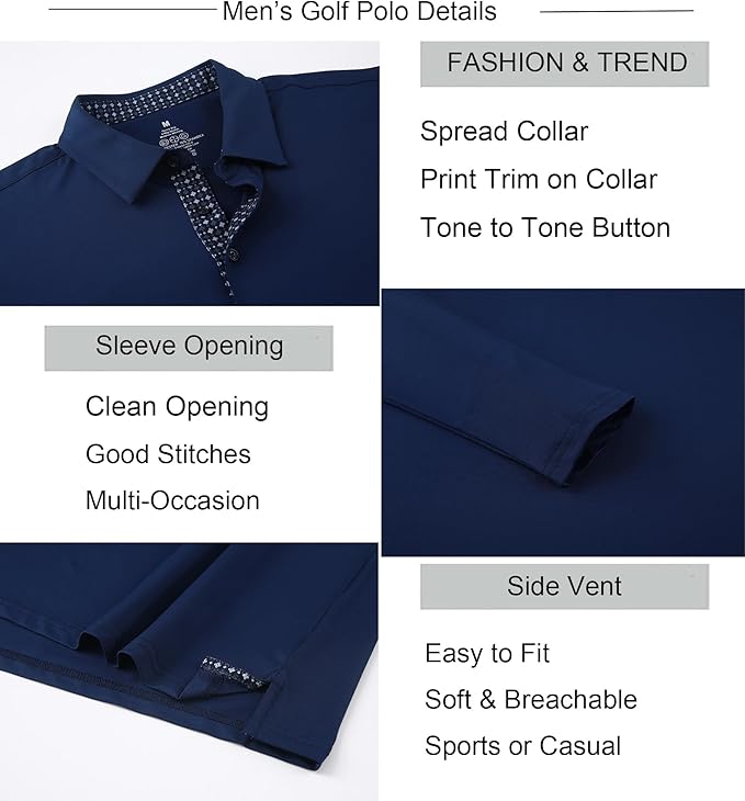 Alex Vando Mens Golf Shirt Moisture Wicking Quick-Dry Solid Long Sleeve Polo Shirts for Men