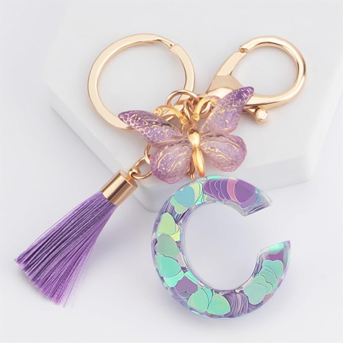 Suweibuke Colourful Cute Initial Letter Keychains for Women Girls with Tassel Butterfly, Charm for Purse Handbags Backpacks