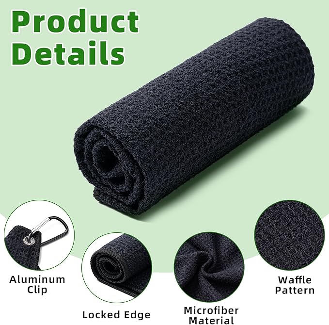 3 Pack Golf Towels(16" X 16") with Carabiner Clip,Microfiber Fabric Waffle Pattern Towels for Golf Bags,Tri-Fold Portable Towels for Men Women,Red/Black/Gray