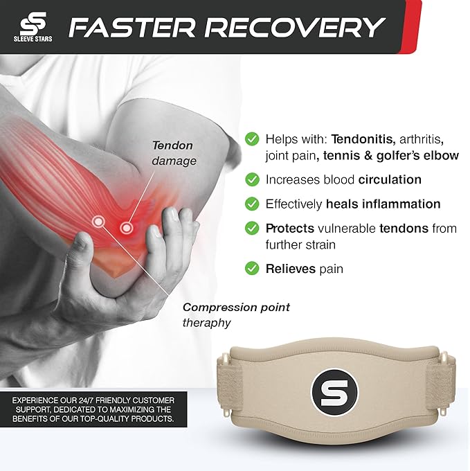 Sleeve Stars Tennis Elbow Brace for Women - Adjustable Tennis Elbow Strap, Golfers Elbow Brace for Men, Counterforce Brace for Tendonitis Relief, Fits 9"-23" (Pair/Beige)
