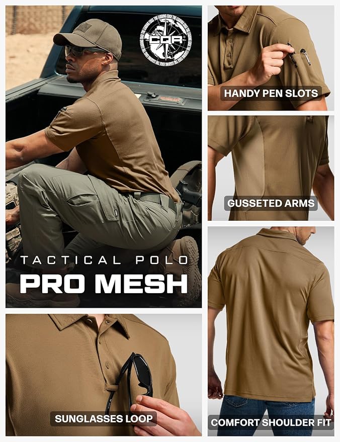 CQR Men's Polo Shirts, Tactical Short Sleeve Golf Performance Shirts, Lightweight Dry Fit UPF 50+ Pique