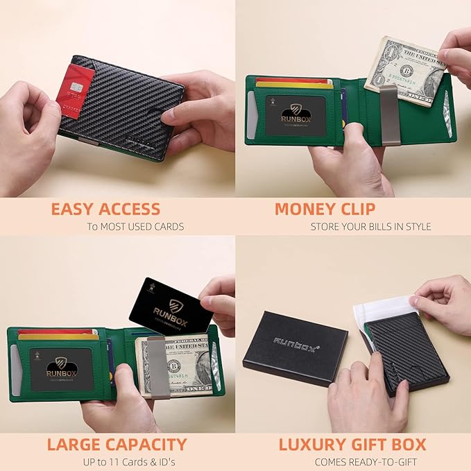 RUNBOX Money Clip Wallets for Men,Slim Leather Mens Bifold Wallet,RFID Blocking Front Pocket Wallet,Thin Credit Card Holder with Gift Box