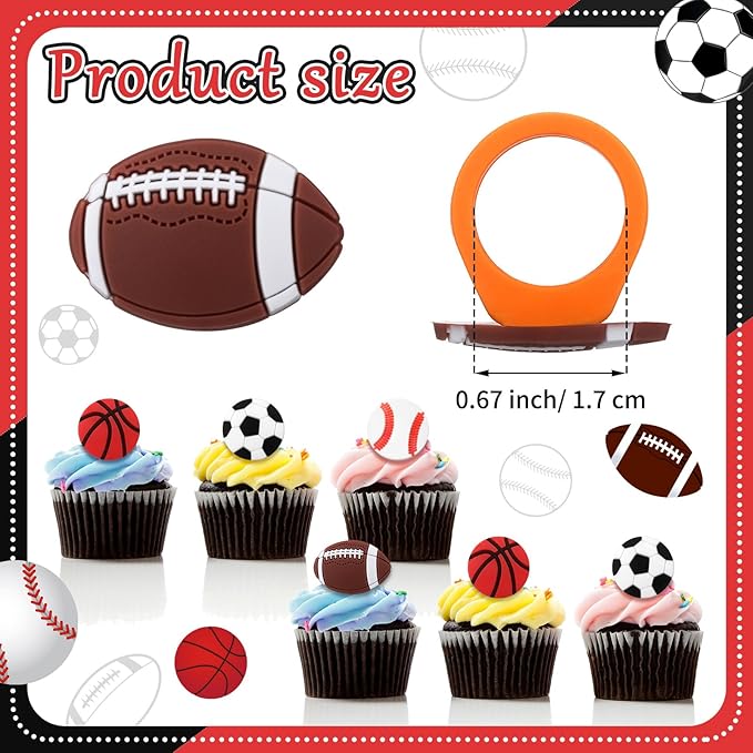 Honeydak 48 Pcs Sports Cupcake Toppers Basketball Softball Football Soccer Cupcake Rings Toppers Picks Decoration for Sport Baby Shower Birthday Party Cake Supplies