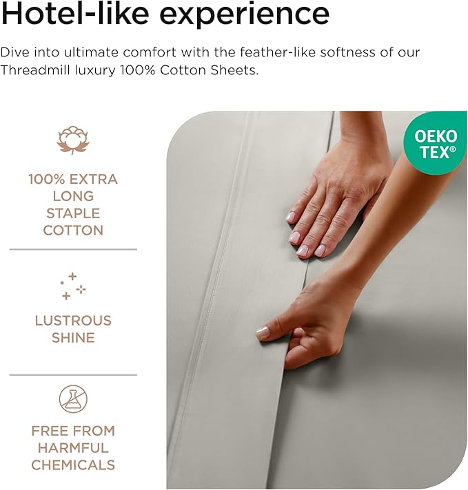 Threadmill Luxury 800 Thread Count Twin 100% Cotton Sheets - Moonrock Grey Sateen Weave Bed-Sheets, Better Than Egyptian Cotton,3 Pc Solid Soft Bedding Set, Fits 15" Deep Pocket