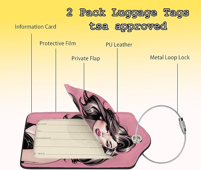 TSA Approved Luggage Tags for Suitcases Girly Beautiful Woman 2 Pack Funny Leather Carnival Cruise Airport Cute Travel Name Tags Golf Bag tag Ships Essentials Privacy Cover ID Label for Women Men