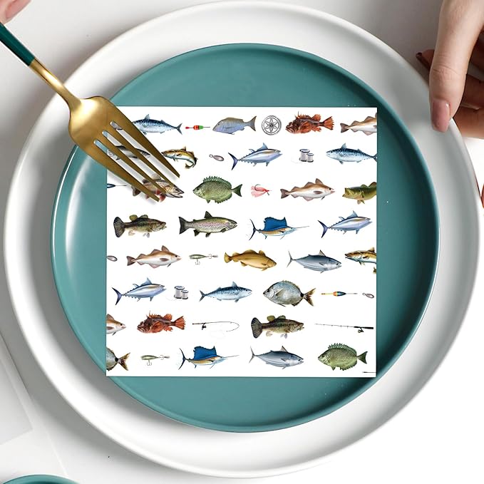 Gone Fishing Party Decorations, Disposable Paper Fish Napkins Supplies Pack of 50, Fishing Birthday Baby Shower Decor Size 6.5 Inch