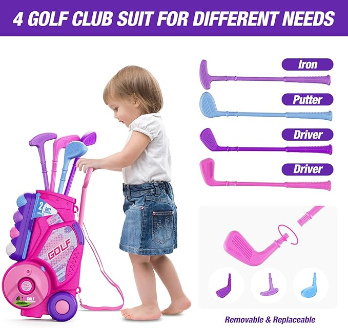 Toddler Golf Set 2-4 Years, Kids Golf Club with 8 Balls, 4 Plastic Clubs, Putting Mat, Scoreboard, Storage Bag, Indoor Outdoor Game with Golf Cart Sport Toy Gift for Baby Boys Girls Age 3-5, Pink