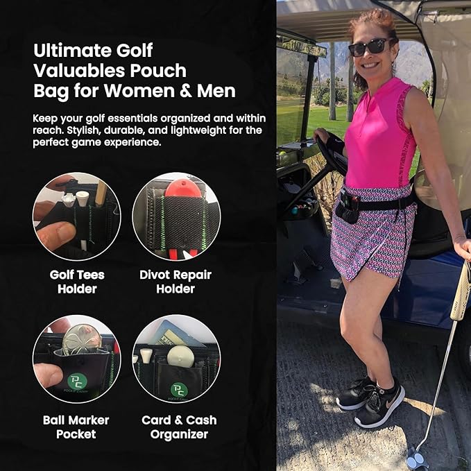 Golf Valuables Pouch Bag - Golf Balls Bag for tees, Balls, Ball Marker, Divot Repair Tool, Keys, Cards & Cash - Golf Caddy Belt Pouch for Women & Men- Golf Accessories Gift for Golfers