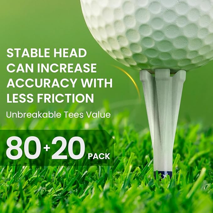 FINGER TEN Unbreakable Golf Tees Plastic 80 3 1/4" or 2 3/4" Driver Tees with 20 1 1/2" Iron Tees Assorted Pack, Low Resistance & Consistent Height Long Short Tees with Bright Colors