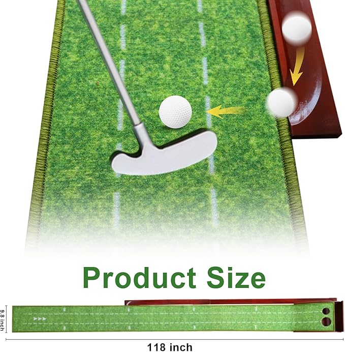 Golf Putting Mat with Ball Return, Practice Golf Putting Green Training Aid for Indoor, Outdoor at Home, Office, Backyard with Putter and 5 Balls 9.84 ft
