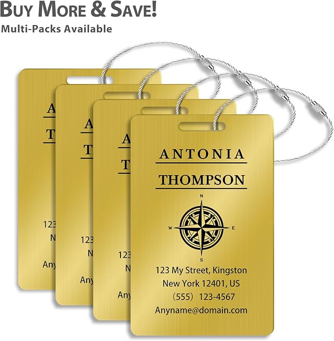 Custom Stainless Steel Luggage Tags (2 Pack) - Personalized Laser Engraved Luggage Tag, Waterproof Durable, for Bags, Backpack Travel, Suitcases (Gold)