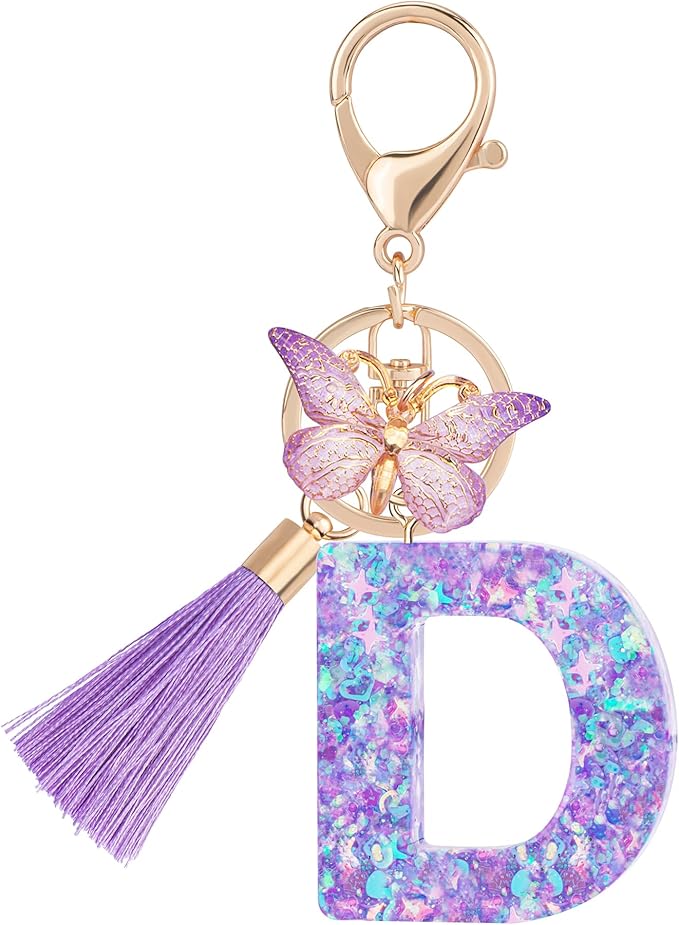 Suweibuke Colourful Cute Initial Letter Keychains for Women Girls with Tassel Butterfly, Charm for Purse Handbags Backpacks