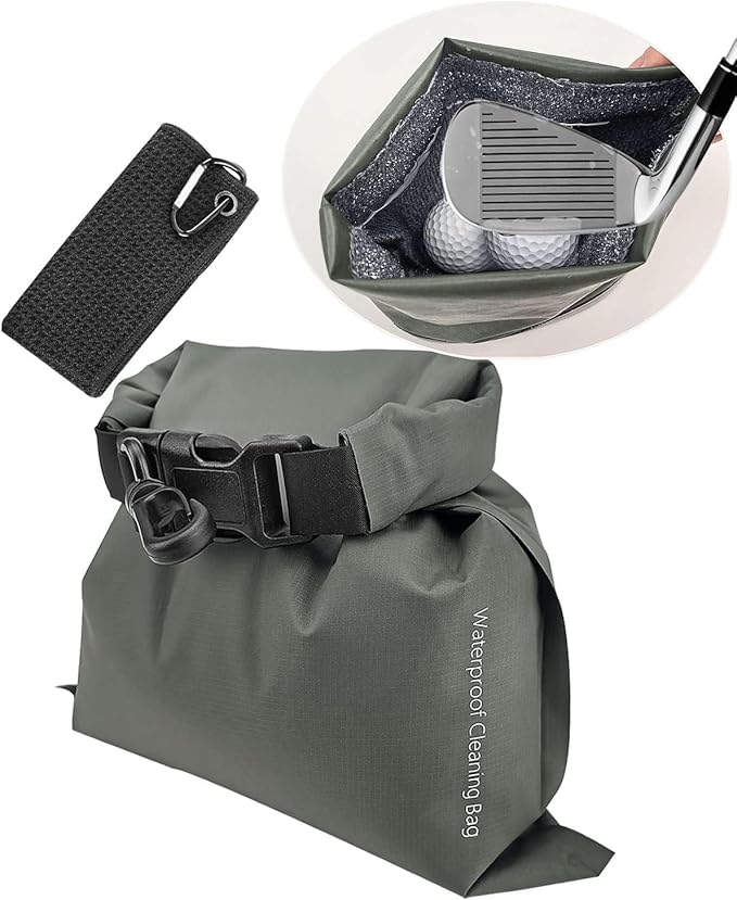 Golf Club and Ball Cleaning Pouch with Attached Towel, Waterproof Cleaning Bag for Cleaning Club Grooves, can Store Water, Detachable Clip
