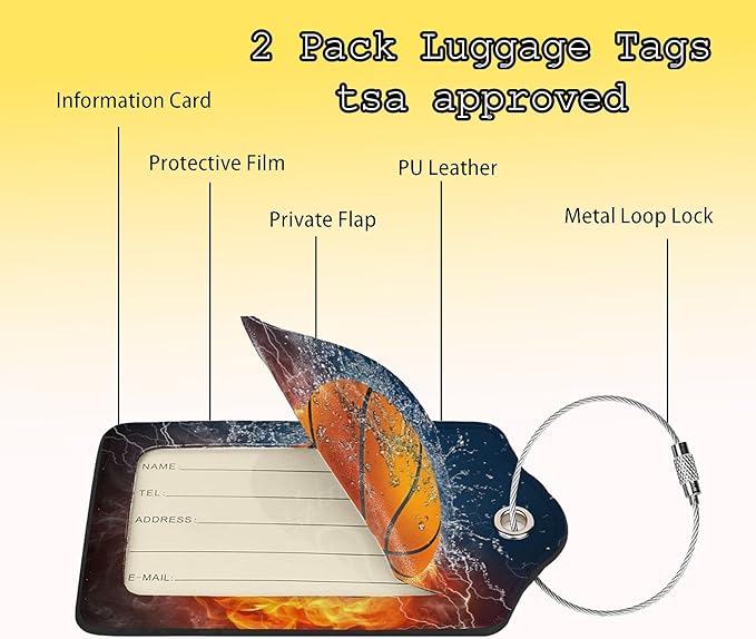 TSA Approved Luggage Tags for Suitcases Basketball Water and Fire 2 Pack Funny Leather Carnival Cruise Airport Cute Travel Name Tags Golf Bag tag Ships Essentials Privacy Cover ID Label for Women Men