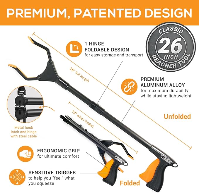 EZPIK® Reaching Aid Tool Grabber Reacher + Magnets - Grabbers for Seniors, Trash Picker Upper Grabber - Trash Grabber Tool- Reacher Grabber Pickup Tool with Rotating Head (26" Grip Aid)