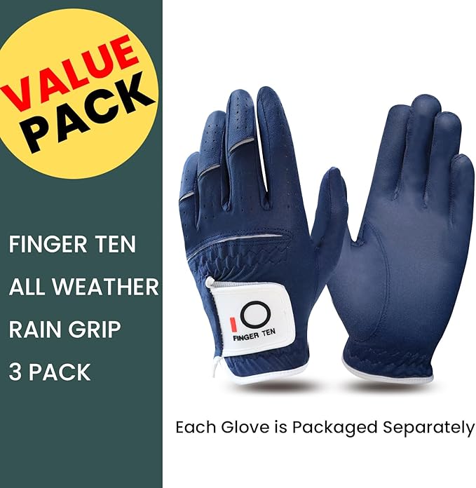 FINGER TEN All Weather Grip Golf Gloves Men Value 3 Pack for Right Handed Golfer, Hot Wet Rain Grip & Comfort Soft Glove for Premium Performance, Colors White Black Blue Sizes S M L XL