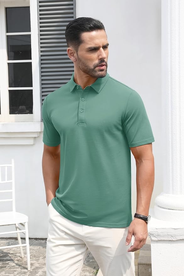MAGCOMSEN Men's Polo Shirts Short Sleeve Cotton Pique 3 Button Classic Fit Casual T-Shirt Performance Golf Shirts