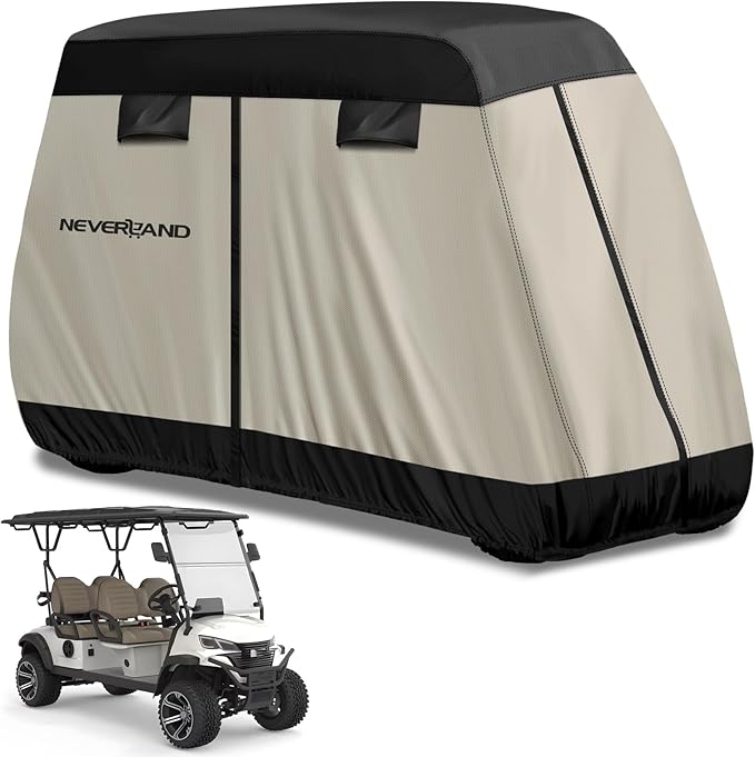 NEVERLAND Golf Cart Cover 2 Passenger - Outdoor Waterprood Golf Cart Covers, 420D Club Car Golf Cart Covers With Air Vent&Zipper Compatible with EZGO Yamaha Club Car 2 Seat (Up to 95 Inch)Black+Brown