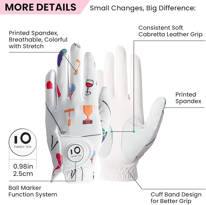FINGER TEN Stylish Golf Gloves Women with Ball Marker 1 Pack for Left or Right Hand, Breathable Glove with Fashion Patterns for Ladies Right Left Handed Golfer