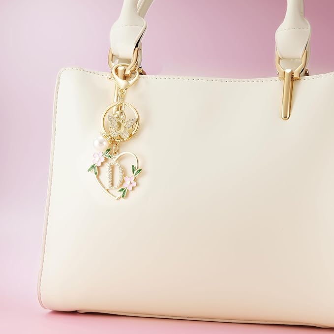 Gold Heart Initial Letter Keychain for Women Key chain Keyring for Purse Handbags Backpack Charm