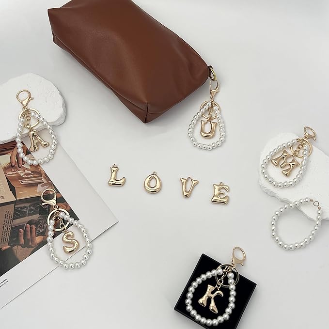 Gold Bubble Heart, Cherry, Bow & More Designs Letter Initial Keychain Bag Charms – Cute Purse Charms for Handbags