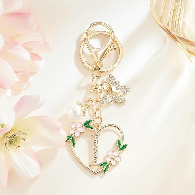 Gold Heart Initial Letter Keychain for Women Key chain Keyring for Purse Handbags Backpack Charm