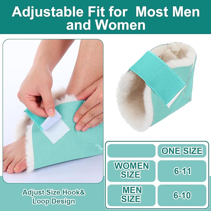 2 Pcs Heel Protectors for Pressure Sores Sheepskin Heel Pads Soft Foot Cushions Pad Protectors Adjustable Foot Pillows with Securing Strap for Bed Sore Ankle Ulcers(Teal)