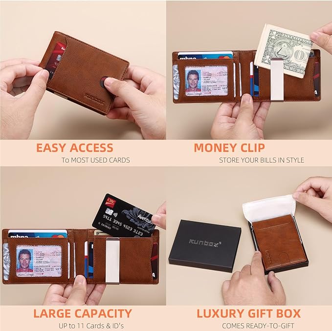 RUNBOX Money Clip Wallets for Men,Slim Leather Mens Bifold Wallet,RFID Blocking Front Pocket Wallet,Thin Credit Card Holder with Gift Box