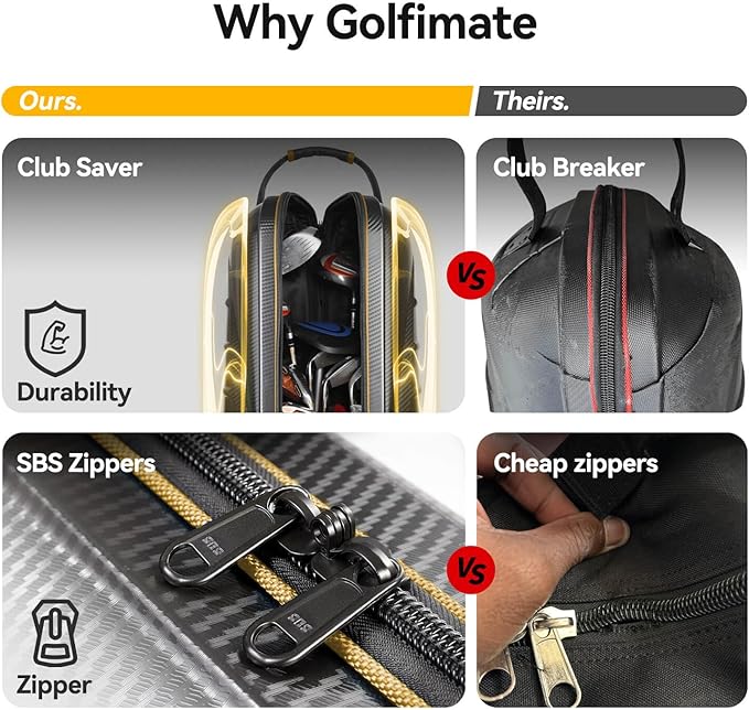 Golf Travel Bag for Airlines with Carbon Fiber Look Hard Top, Protective Club Traveling Cover with Wheel, Golf Club Carrier Case for Airplanes, Thick Padding, Durable Zippers, 2 Spacious Side Pockets