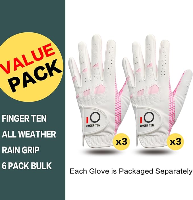 FINGER TEN Women’s Golf Gloves Ladies Left Hand Right Handed Golfer Value 6 Pack, All Weather Rain Grip Glove Pink Fit Small Medium Large XL