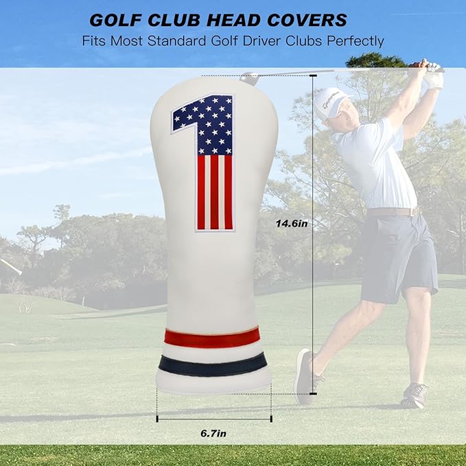 Golf Head Covers, 4pcs or 1pc USA Stars and Stripes Golf Club Covers for Woods and Driver Fairway Hybrid, PU Leather Golf Club Head Covers for Men Women with Interchangeable Tags, Fits Most Golf Clubs