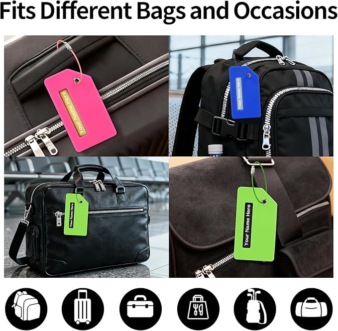 Personalized Luggage Tags for Suitcases, Custom Metal Luggage Tag for Bag with Silicone Sleeves, Durable Travel Tags, Laser Engrave Name Text, Gift for Travelers, 3.5x2 Inches (Black)