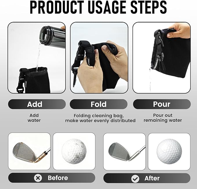 Golf Club and Golf Ball Cleaning Bag - Cleans Club Grooves, Golf Bag Accessories,Waterproof Clean Face Tech, Detachable Clip, Machine Washable,Golfer Gifts for Men(1-Pack,BLACK)