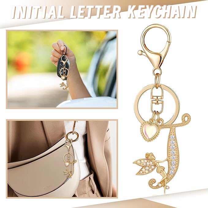 Gold Plated Alphabet Initial Letter Keyring Keychain for Women Girls Crystal Key Chains for Wallet Backpack Bag Charm