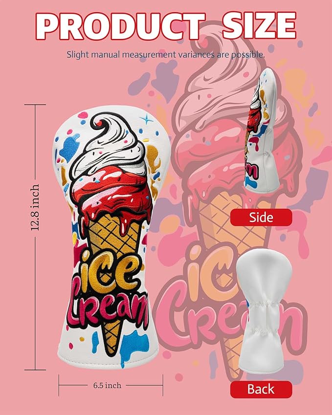 Golf Club Head Covers, Ice Cream Golf Headcovers for Drivers, Fairway Woods, Hybrids, Mallet Blade Putter Cover, Funny Golf Club Covers with Premium PU Leather and Advanced Embroidery for Most Brands