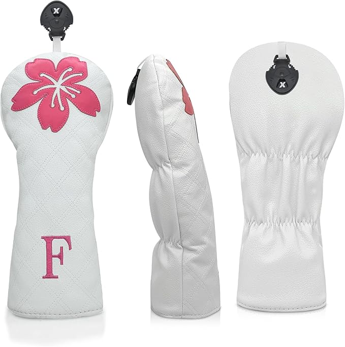 Grid Cherry Blossom Design Golf Covers PU Headcovers Set Fits Driver Fairway Wood Hybrid Utility Woods Iron Wedge Headcover, Premium Leather Golf Headcovers