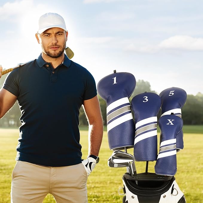 Golf Club Covers, 4pcs or 1pc Golf Head Covers for Woods, Driver, Fairway, Hybrid - Premium PU Leather Golf Club Head Cover with Interchangeable Tags