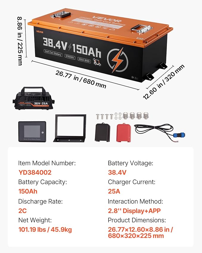 VEVOR 36V (38.4V) 150AH Lithium Golf Cart Battery, with 25A Charger, Lifepo4 Battery Kit, Built-in 250A BMS, with Bluetooth Mobile APP & Touch Monitor, 4000 Cycles, for Golf Carts, Trolling Motors