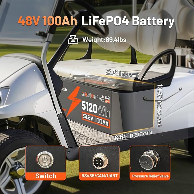 48V 100Ah Golf Cart Battery with Cylindrical Cell & Metal Casing, LiFePO4 Lithium Battery with Bluetooth APP & LCD Monitor, 15000+ Cycles, 200A BMS with Low-Temp Protection for Golf Carts
