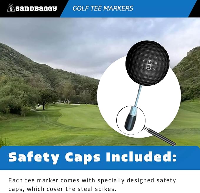 Sandbaggy Plastic Tee Markers for Golf Course (UV Resistant) - Steel Spike - Safety Caps Included