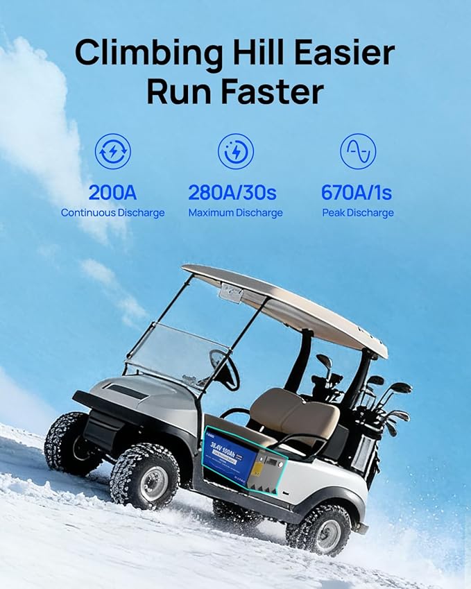 DC HOUSE 36V 100AH Cold-Resistant Metal Case Lithium Battery Golf Cart, Low Temp Discharge Down to -22°F, ≥95% Capacity Retention in Winter, 200A BMS, Bluetooth & LCD Monitor, Peak Current 700A
