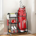 TOOLF Golf Bag Organizer, Golf Club Storage with Wheels, Sturdy Metal Golf Bag Holder Stand for Home, Garage, Outdoor, Includes 4 Storage Sections & Removable Hooks