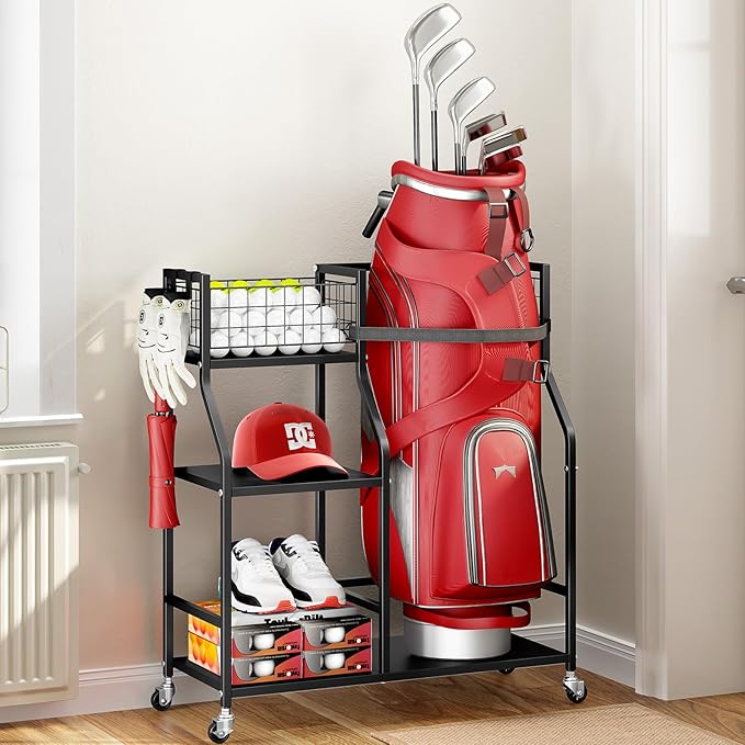 TOOLF Golf Bag Organizer, Golf Club Storage with Wheels, Sturdy Metal Golf Bag Holder Stand for Home, Garage, Outdoor, Includes 4 Storage Sections & Removable Hooks