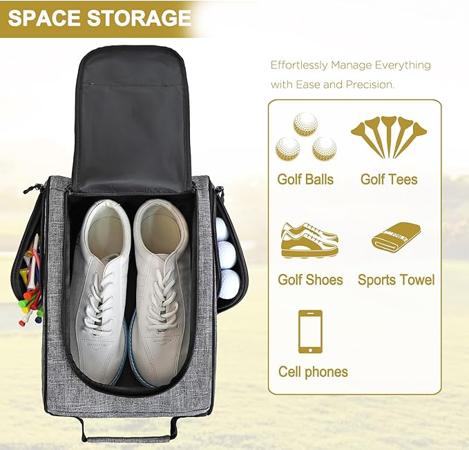 Goloni 2Pcs Golf Shoe Bag for Men & Women, Padded Travel Shoe Bag with Side Accessory Pockets,Sport Shoe Carrier for Golf Shoes,Socks,Tees & Balls,Durable & Lightweight Design(Black+Gray)