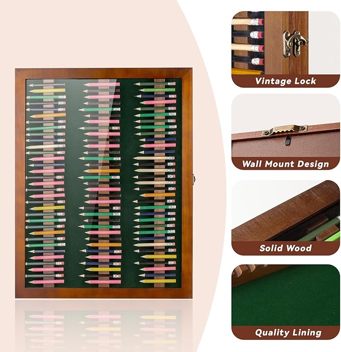 Golf Pencil Display Case Holds 99 Round or Octagonal Golf Pencils Wood Wall Mount Clear Display Case with Acrylic Dust UV Cover