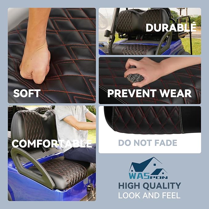 4PCS Golf Cart Diamond Seat Covers Kit, Fits Club Car Precedent 2004+ Golf Cart Vinyl Replacement Seat Cover （Black Stitching, No Stapler, Easy to Clean）